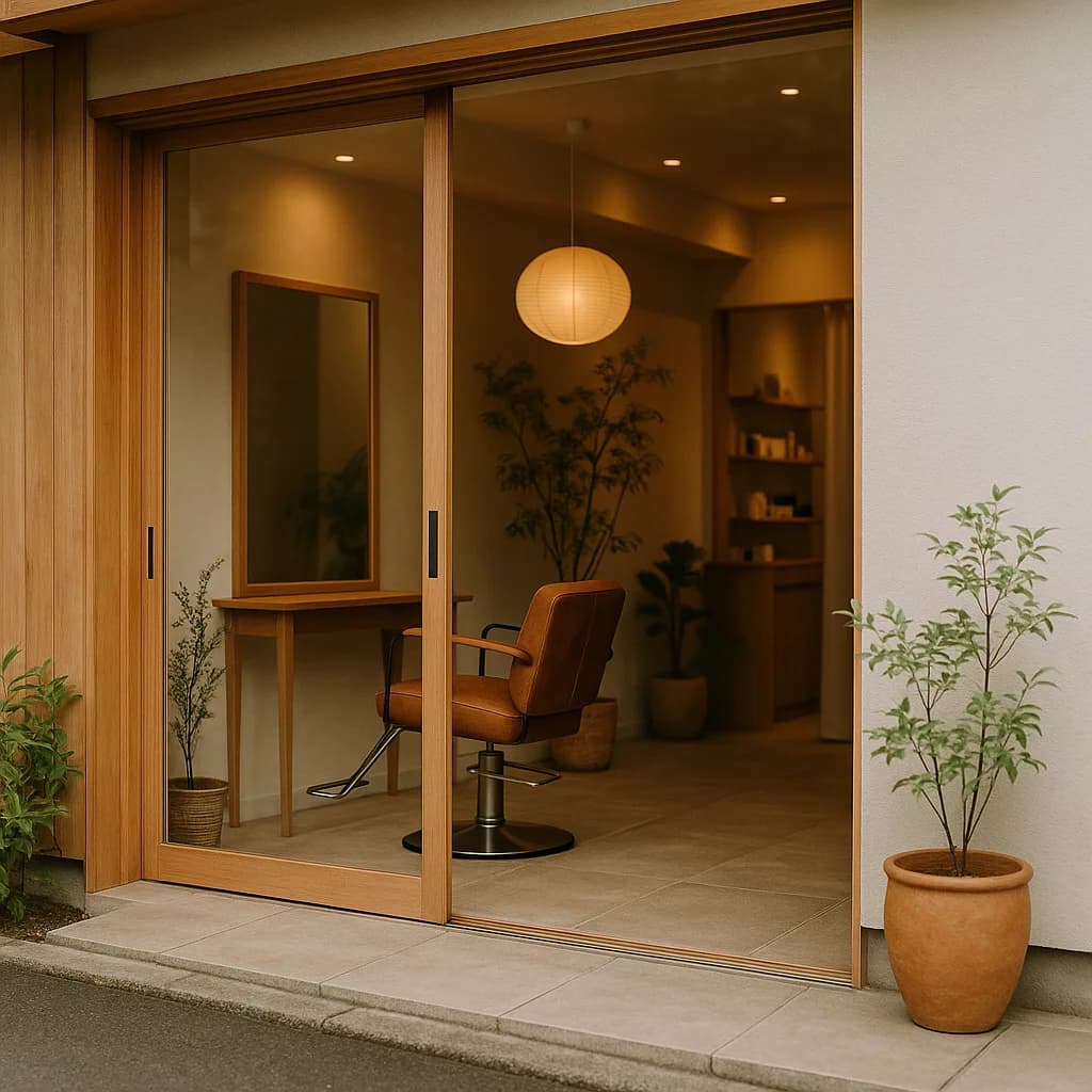 noura のエントランス — 木製の引き戸と植栽